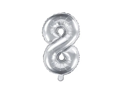 Pallone numero 8 Otto ARGENTO in MYLAR foil - PALLONCINO numerale 35cm per feste - Immagine 1 di 3