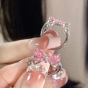Lovely Pink Ring Adjustable Bowknot Ring Sweet Ins Style Diamond Ring Jewelry_H - Picture 1 of 8