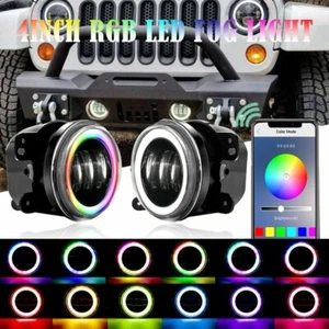 Pair 4"INCH LED Fog Lights Bluetooth RGB Halo DRL For 2007-2017 Jeep Wrangler JK - Bild 1 von 9
