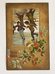 Vintage “A Happy Christmas” Skaters Holly Postcard Coppery Finish - Picture 1 of 3