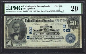 🇺🇸 PA 1902 $50 DATE-BACK ♚♚PHILADELPHIA, PENNSYLVANIA ♚♚ PMG VF 20 - Picture 1 of 2