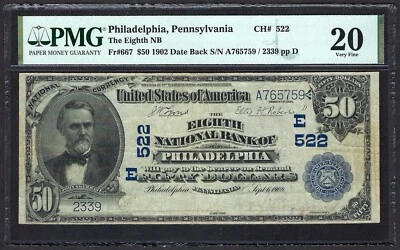 🇺🇸 PA 1902 $50 DATE-BACK ♚♚PHILADELPHIA, PENNSYLVANIA ♚♚ PMG VF 20 - Image 1 of 2