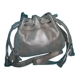 New CALVIN KLEIN Silver Gray Stripe Hobo Cross Body Bag -DRAWSTRING-SMALL - Picture 1 of 16
