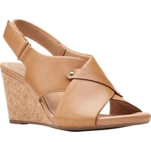 NEW Clarks Sandals Real Leather Size 9.5 WIDE Margee Wedge Comfort Shoes Cork - Picture 1 of 9