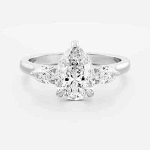 2.50 CT G VS1 Pear Cut Lab Grown Diamond 3 Stone Engagement Ring 14K White Gold - Picture 1 of 3