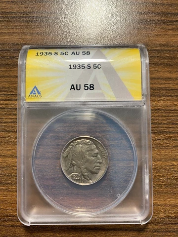 1935-S Buffalo Nickel 5C ANACS AU 58 Type 2, "FIVE CENTS" In Recess Cover