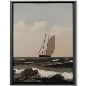 Sailboat Oil Painting Canvas Wall Art Rustic Seascape Coastal Decor Framed Print - Picture 1 of 9