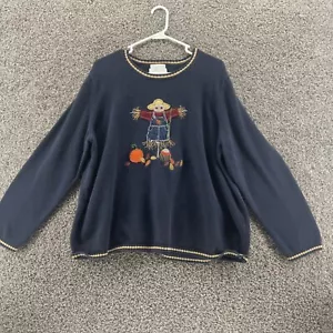 CJ Banks Hand Embroidered Scarecrow Sz 2x Contrasting Trim Blue Fall Scene - Picture 1 of 8