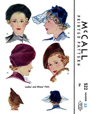 McCALL 522 Pattern BERET Millinery 1930's HAT Cap 23" Head - Image 1 of 4