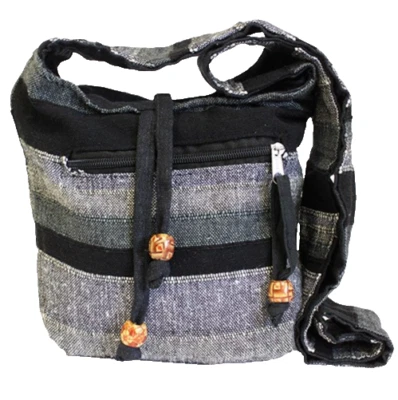 Women Casual Shoulder Sling Bag 24cm Black Granite Grey Cotton Hippie Nepal Boho - Image 1 of 4