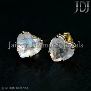 Solid 14K Gelbgold Ohrstecker Natur Regenbogen Mondstein Edelstein Herz Schnitt - Bild 1 von 12