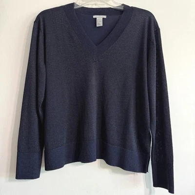 Suéter H&M Para Mujer Azul Marino Cuello en V Talla M Hilos Metálicos Clásico Preppy Minimalista Foto 1 de 4