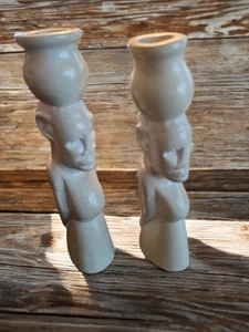 2 Carved Stone Mother/Baby African Art Candlesticks Sculpture Figurines 7 1/4" - Picture 1 of 4