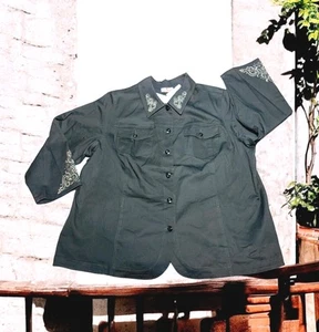 QUAKER FACTORY Dark Gray Gold EMBROIDERED Button Up SEQUIN Jacket Womens PLUS 2X - Picture 1 of 15