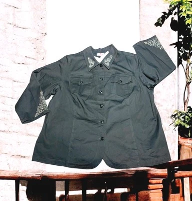 QUAKER FACTORY Dark Gray Gold EMBROIDERED Button Up SEQUIN Jacket Womens PLUS 2X - Image 1 of 4