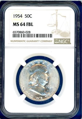 1954 P NGC MS64 FBL Franklin Silver Half Dollar US Mint Coin 1954-P MS-64 FBL - Image 1 of 3