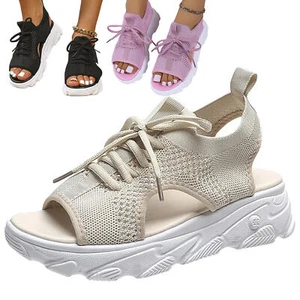 Women Muffin Sandals Summer Mesh Casual Thick Soled Lace Up Sandals Open Toe - Picture 1 of 32