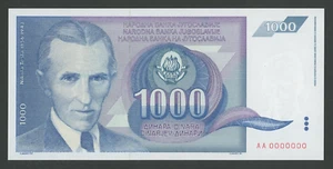 🔴YUGOSLAVIA 1000 Dinara 1991 UNC Ser. #0000000 ESPECIMEN Tesla 🔴 ¡RARO! - Imagen 1 de 2