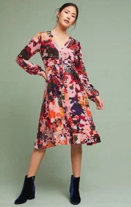 NWT $228 sz 0P MAEVE Printed Silk Wrap Dress Pink Floral Anthropologie 00 Petite - Picture 1 of 4