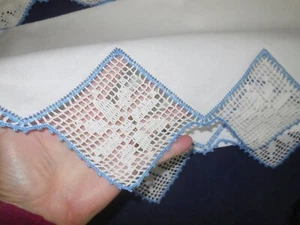Pair Fancy Vintage Handmade w Blue Crocheted Pillowcase Cover Bed & Breakfast #9 - Picture 1 of 6