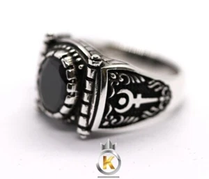 Silver Onyx Hades Ring Hades Symbol on Onyx Stament Silver Ring Free Engraving - Bild 1 von 6