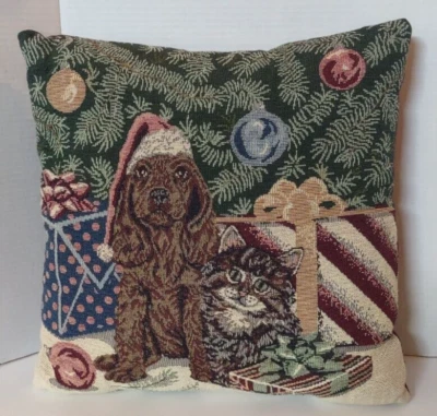 Vtg Spaniel Dog Kitten Christmas Throw Pillow Decorative Needlepoint Tapestry - Image 1 of 4