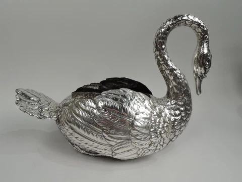 Antique Bowl Large Swan Bird Figural Centerpiece German 800 Silver Georg Roth Cover