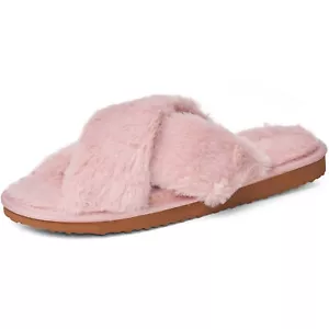 Womens Fuzzy Fluffy Slippers Memory Foam Indoor Outdoor Flat Sandals Pink Suede - Picture 1 of 5
