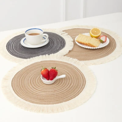 Round Tassel Dining Table Mats Heat Insulation Woven Placemats Vintage Pastoral - Image 1 of 4
