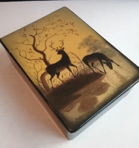 Große rechteckige russische r Box 6 1/4" x 4 1/2" x 2" FEDOSKINO 2 HIRSCH IN DER DÄMMERUNG - signiert - Bild 1 von 10