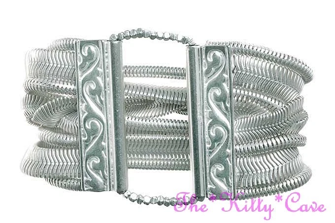 Wide Tribal Ethnic Worm Matt Silver Braided Snake Chains Stretch Bracelet Cuff - Image 1 of 1