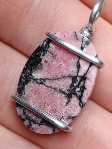 Rhodonite pendant natural pink & black oval stone crystal mineral handmade - Picture 1 of 11