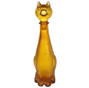Vintage MCM 13" Cat Amber Mustard Yellow Glass Wine Decanter - Picture 1 of 9