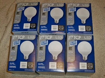 TCP Elite 40W 4W 2700K G25 LED LED5G25D27KF Dimmable Globe Light Bulb 6 Pack - Image 1 of 3
