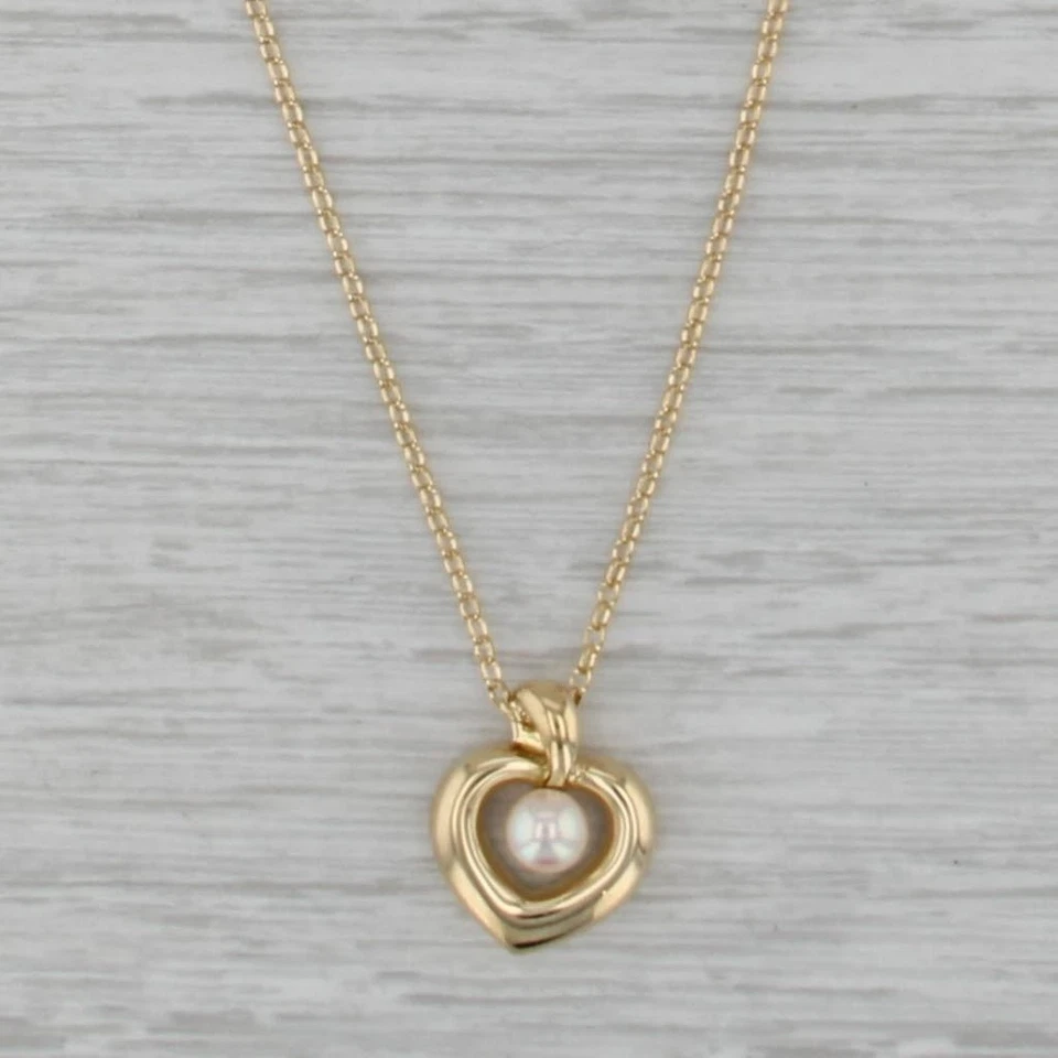 Collar Colgante Corazón Perla Cultivada Mikimoto Oro Amarillo 18k Cadena Cable 18" Foto 1 de 4