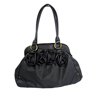 Bolso de hombro con cremallera adornado rosa roseta de cuero sintético negro - Imagen 1 de 9