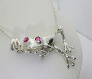 Sterling Silver Frog Necklace Ruby Eyes Toad Jewelry July Birthstone 25in SN018 - Picture 1 of 8