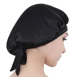 Solid Color Real Silk Sleeping Hair Loss Hats for Women Girls (Black) - Picture 1 of 11