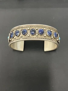 NAVAJO LEE PAULIN STERLING SILVER SODALITE & TURQUOISE CUFF BRACELET ( 49.2g ) - Picture 1 of 10