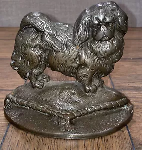 ANTIQUE PEKINGESE Figural Dog Bronze Brass DOOR STOP Art Statue 5.25X6” - Picture 1 of 8