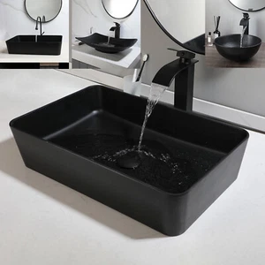 Artificial Stone Wash Basin Black Rectangular Bathroom Sink Mixer Faucet+Drain - Picture 1 of 33