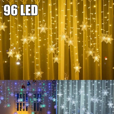 Christmas Decor 96 LED Curtain Window Snowflake String Fairy Lights Waterproof - Image 1 of 4