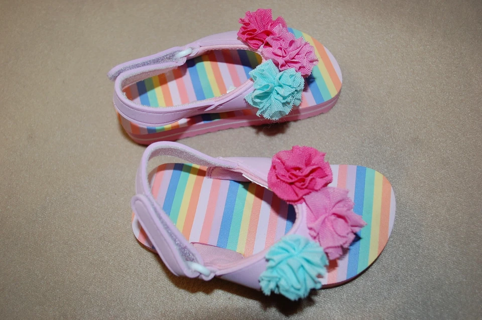 Baby Girls SOFT FLIP FLOPS Sandals ANKLE STRAP Flowers PINK TEAL Size 4 5 6 - Image 1 of 1