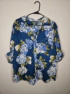 Karen Scott Womens Size X- Large Blue Floral Button Down Shirt 100% Cotton - Picture 1 of 6