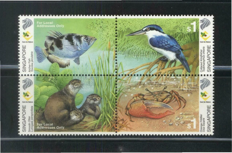 SINGAPUR 2000 HUMEDALES VIDA SILVESTRE (REY PESCADOR, NUTRIA, PEZ Y CANGREJO VIOLINISTA) BLOQUE  Foto 1 de 1