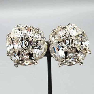 VTG Large Weiss Clear Mixed Rhinestone Crystal Studded Silver Tone Clip Earrings - Image 1 of 4
