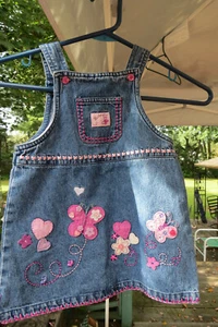 Koala Kids 36M girls denim jean overall dress,straps,felt butterflies w/ buttons - Picture 1 of 9