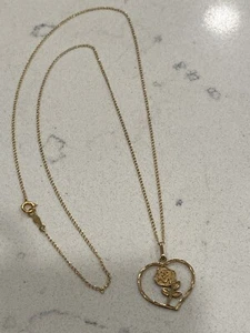 14k Gelbgold Vintage Kette Halskette mit Cutout Rose Blume Herz Anhänger 18" - Bild 1 von 11