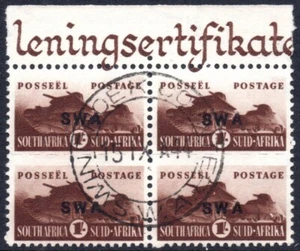South West Africa 1943-4 1s brown, MISSING SHADING, block of 4, SG.130d, VFU - Picture 1 of 1