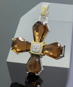 Judith Ripka Diamond Smoky Quartz Cross Pendant Enhancer Silver/18K Yellow Gold - Picture 1 of 4